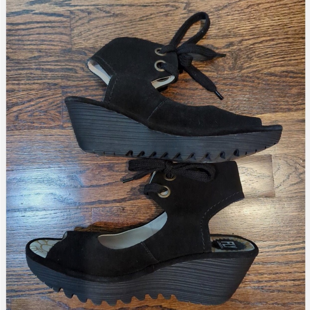 Fly London Yaffa Black Wedge Sandals - Picture 2 of 9